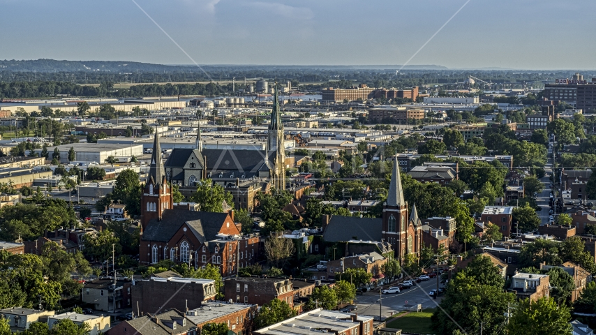 A view of three churches in St. Louis, Missouri Aerial Stock Photo DXP001_033_0009 | Axiom Images