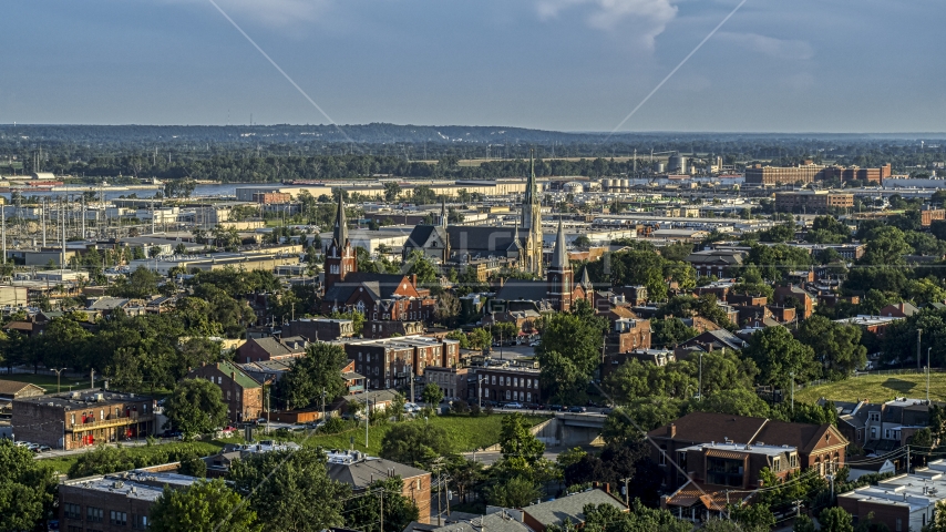 A view of three brick churches in St. Louis, Missouri Aerial Stock Photo DXP001_033_0010 | Axiom Images