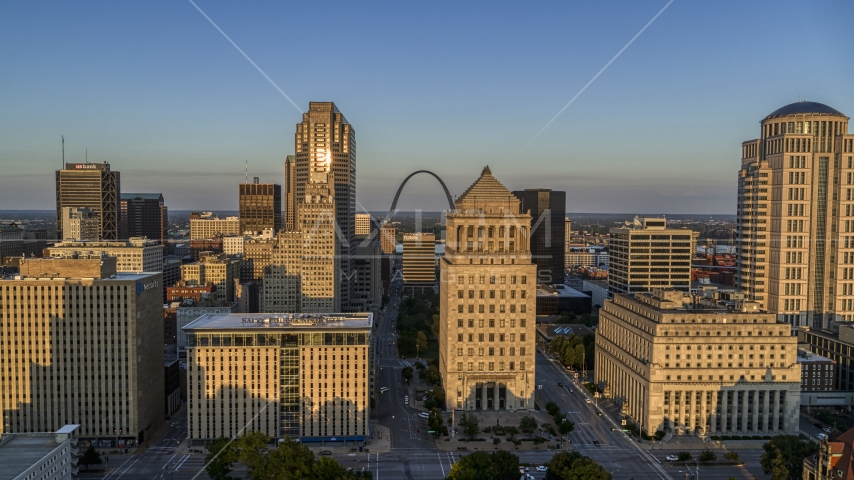City courthouses and the famous Arch at sunset, Downtown St. Louis, Missouri Aerial Stock Photo DXP001_035_0003 | Axiom Images