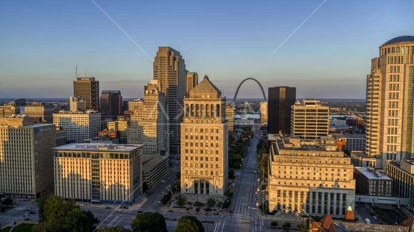 The famous Arch seen from the courthouses at sunset, Downtown St. Louis, Missouri Aerial Stock Photo DXP001_035_0004 | Axiom Images