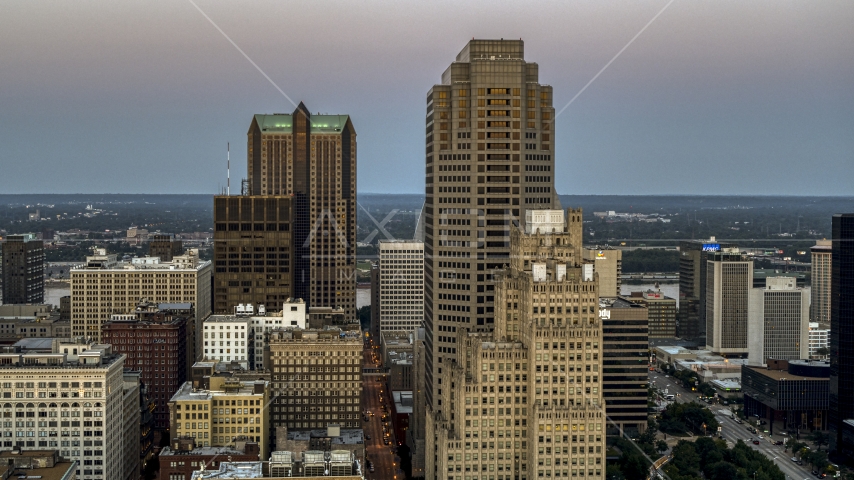 Towering skyscrapers at twilight in Downtown St. Louis, Missouri Aerial Stock Photo DXP001_036_0009 | Axiom Images