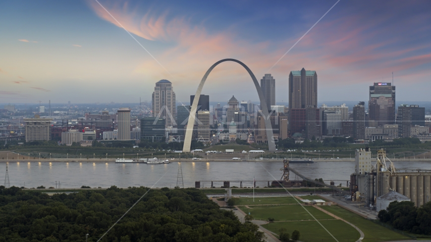 Gateway Arch and Downtown St. Louis, Missouri, beside the Mississippi River at twilight Aerial Stock Photo DXP001_037_0007 | Axiom Images