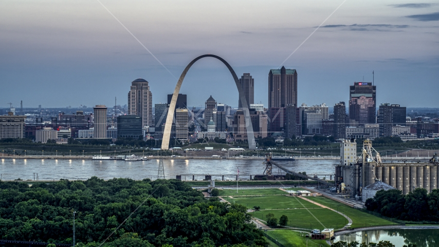 Gateway Arch and the skyline of Downtown St. Louis, Missouri, at twilight Aerial Stock Photo DXP001_037_0015 | Axiom Images