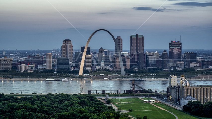 Gateway Arch and the skyline of Downtown St. Louis, Missouri, at twilight Aerial Stock Photo DXP001_037_0017 | Axiom Images