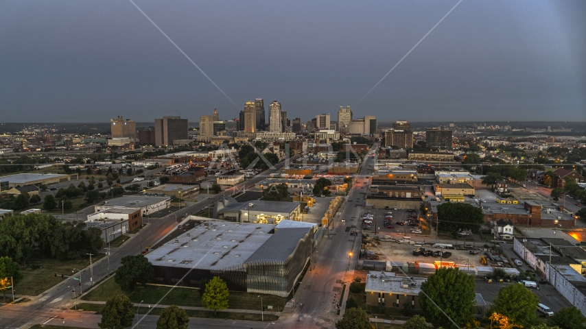 5.7K aerial video of the city skyline at sunrise in Downtown Kansas City, Missouri Aerial Stock Photo DXP001_039_0001 | Axiom Images