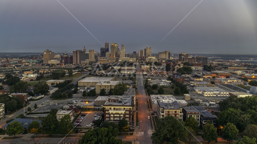 The city skyline at sunrise in Downtown Kansas City, Missouri Aerial Stock Photo DXP001_039_0002 | Axiom Images