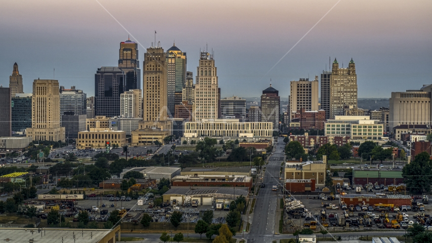 The city's tall skyscrapers at sunrise in Downtown Kansas City, Missouri Aerial Stock Photo DXP001_039_0003 | Axiom Images