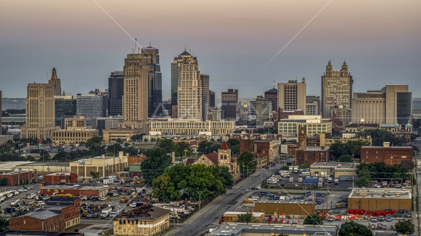 The city's tall skyscrapers at sunrise in Downtown Kansas City, Missouri Aerial Stock Photo DXP001_039_0004 | Axiom Images