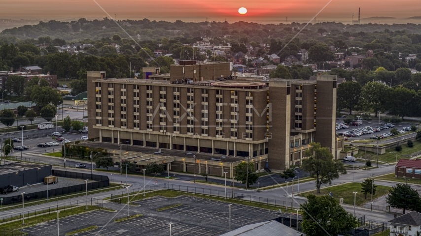 A brick office building at sunrise in Kansas City, Missouri Aerial Stock Photo DXP001_039_0005 | Axiom Images