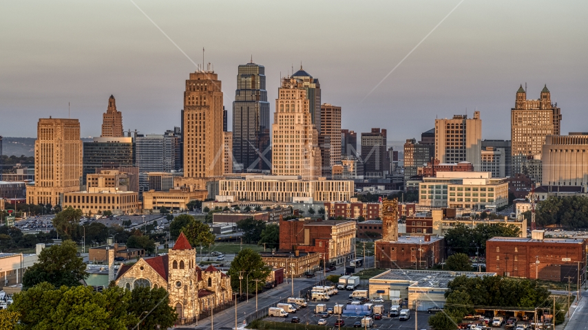 A view of the city skyline at sunrise, Downtown Kansas City, Missouri Aerial Stock Photo DXP001_040_0003 | Axiom Images