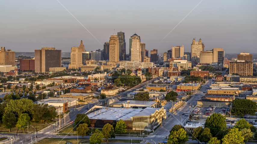 The city skyline at sunrise, seen from east of the city, Downtown Kansas City, Missouri Aerial Stock Photo DXP001_040_0004 | Axiom Images