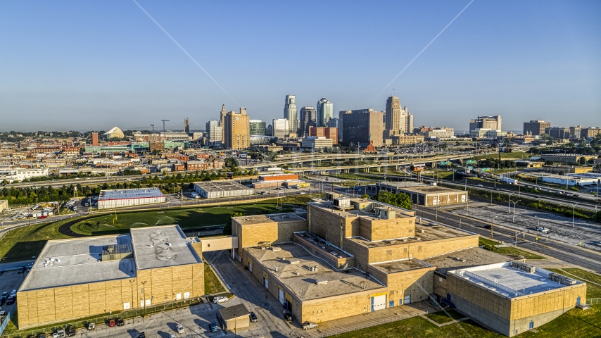 A tech school and the city skyline of Downtown Kansas City, Missouri Aerial Stock Photo DXP001_041_0003 | Axiom Images