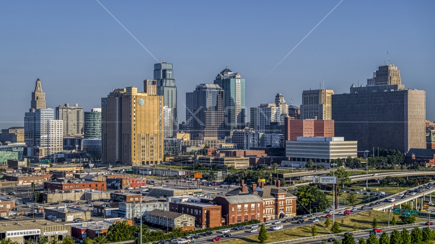 A city office building and skyscrapers in Downtown Kansas City, Missouri Aerial Stock Photo DXP001_042_0001 | Axiom Images