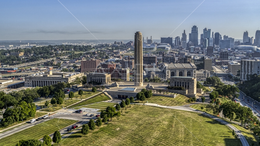 The WWI memorial with downtown skyline visible in background, in Kansas City, Missouri Aerial Stock Photo DXP001_043_0003 | Axiom Images