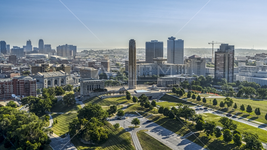 The WWI memorial and museum near office buildings in Kansas City, Missouri Aerial Stock Photo DXP001_043_0004 | Axiom Images