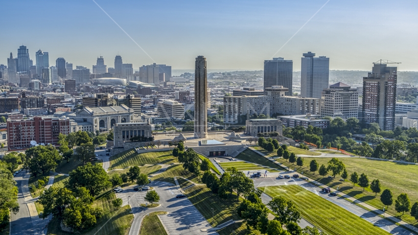 The WWI memorial in Kansas City, Missouri, with a view of the downtown skyline Aerial Stock Photo DXP001_043_0005 | Axiom Images