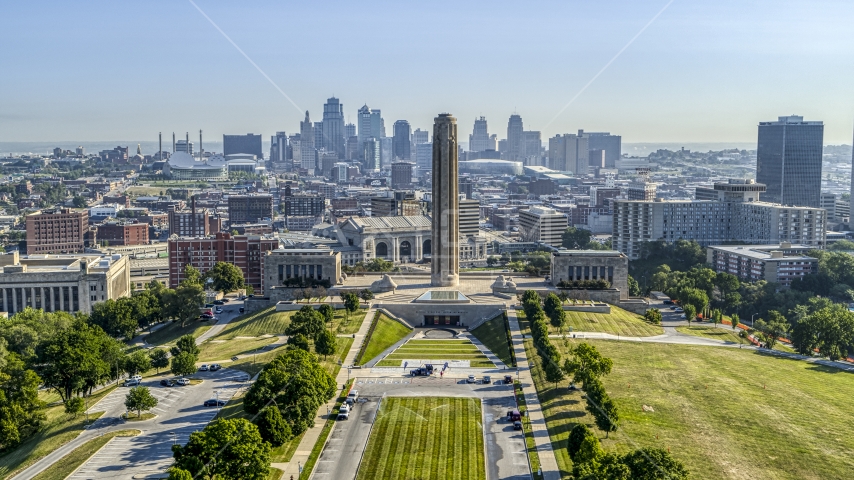 WWI memorial and museum, with the downtown skyline in the background in Kansas City, Missouri Aerial Stock Photo DXP001_043_0007 | Axiom Images