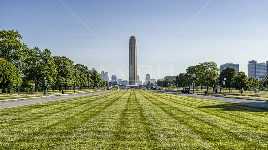 WWI Museum and Memorial seen from lush green lawn in Kansas City, Missouri Aerial Stock Photo DXP001_043_0011 | Axiom Images