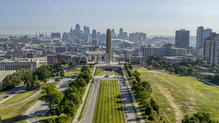 The historic WWI memorial and museum with the Downtown Kansas City, Missouri skyline in the distance Aerial Stock Photo DXP001_043_0015 | Axiom Images
