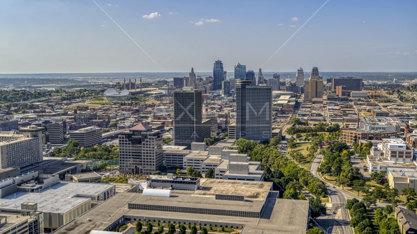 The city skyline seen from Crown Center office buildings, Downtown Kansas City, Missouri Aerial Stock Photo DXP001_044_0001 | Axiom Images