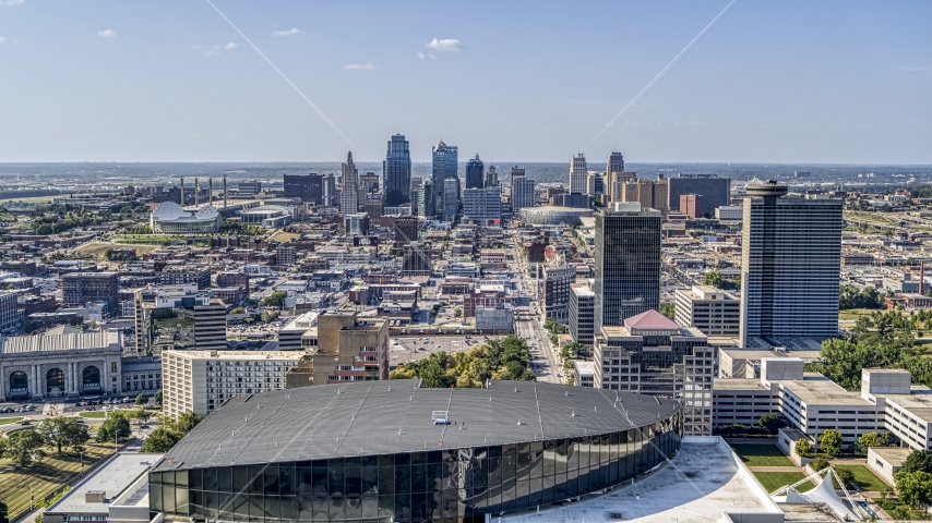 Skyline of Downtown Kansas City, Missouri seen from top of a Crown Center office building Aerial Stock Photo DXP001_044_0003 | Axiom Images