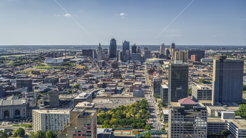 The skyline of Downtown Kansas City, Missouri seen from Crown Center Aerial Stock Photo DXP001_044_0008 | Axiom Images