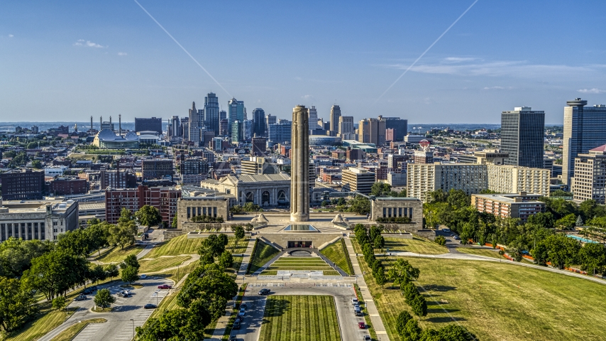 The WWI memorial and the city's skyline in Kansas City, Missouri Aerial Stock Photo DXP001_044_0011 | Axiom Images