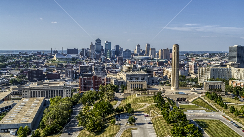 The city's downtown skyline and the WWI memorial in Kansas City, Missouri Aerial Stock Photo DXP001_044_0012 | Axiom Images