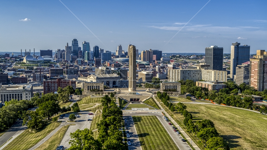 The WWI memorial between the Kansas City, Missouri skyline and office buildings Aerial Stock Photo DXP001_044_0014 | Axiom Images