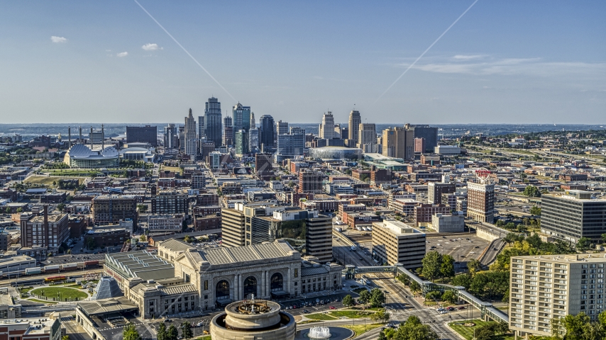 The Downtown Kansas City, Missouri skyline seen from historic train station Aerial Stock Photo DXP001_044_0017 | Axiom Images