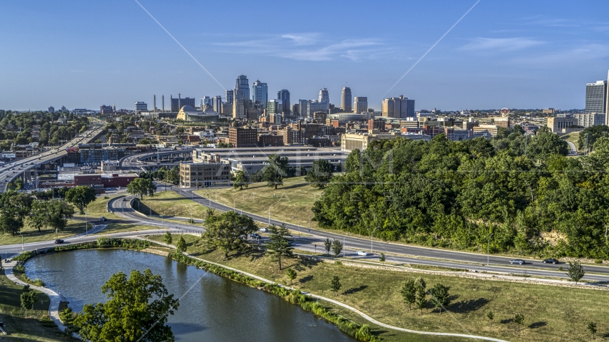 The city's skyline seen from a small lake, Kansas City, Missouri Aerial Stock Photo DXP001_045_0001 | Axiom Images