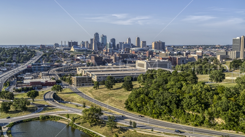 A government office building and city's skyline in the background, Kansas City, Missouri Aerial Stock Photo DXP001_045_0002 | Axiom Images