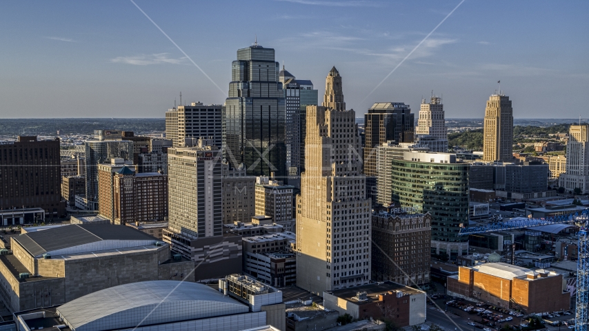 Towering city skyscrapers in Downtown Kansas City, Missouri Aerial Stock Photo DXP001_045_0016 | Axiom Images
