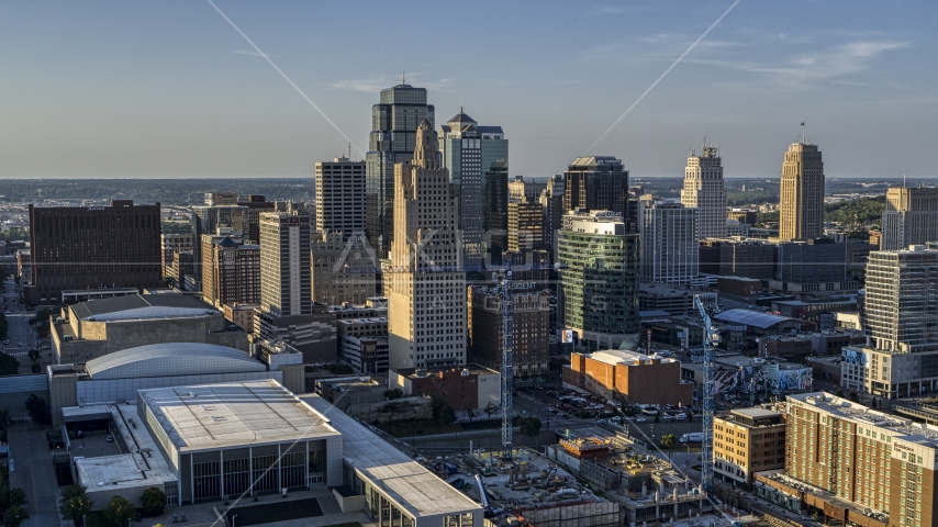 A view of tall skyscrapers in Downtown Kansas City, Missouri Aerial Stock Photo DXP001_045_0017 | Axiom Images