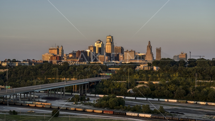 The skyline at sunset seen from west of the city, Downtown Kansas City, Missouri Aerial Stock Photo DXP001_046_0001 | Axiom Images