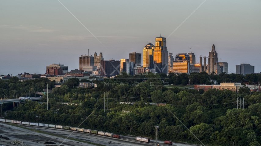 The city's skyline at sunset in Downtown Kansas City, Missouri Aerial Stock Photo DXP001_046_0004 | Axiom Images