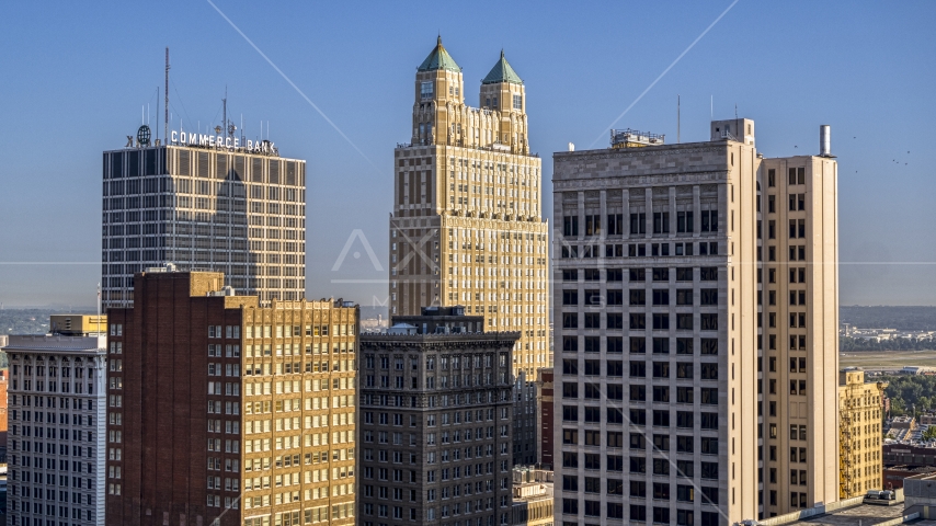 Three tall skyscrapers in Downtown Kansas City, Missouri Aerial Stock Photo DXP001_048_0001 | Axiom Images