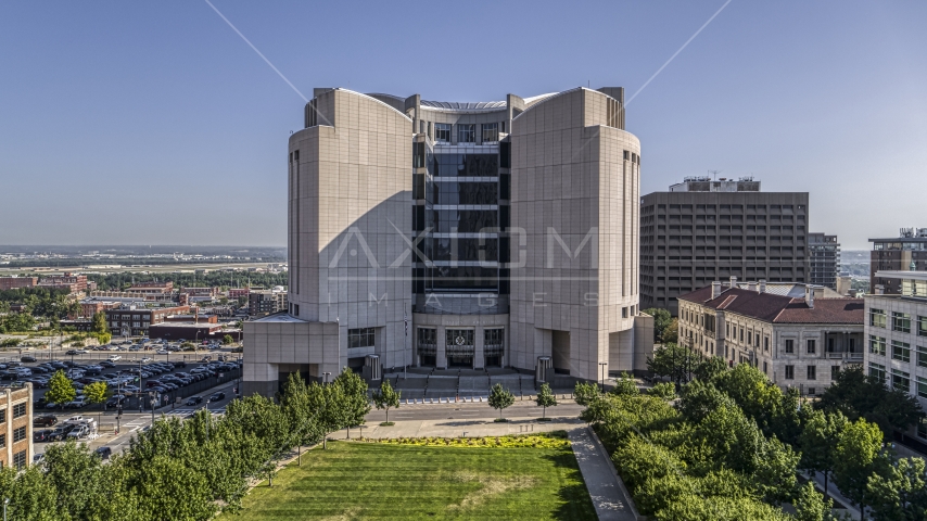 Federal courthouse seen from a park in Downtown Kansas City, Missouri Aerial Stock Photo DXP001_049_0003 | Axiom Images