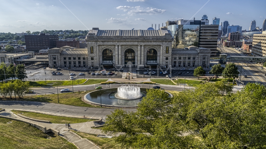 Historic train station and fountain in Kansas City, Missouri Aerial Stock Photo DXP001_050_0001 | Axiom Images