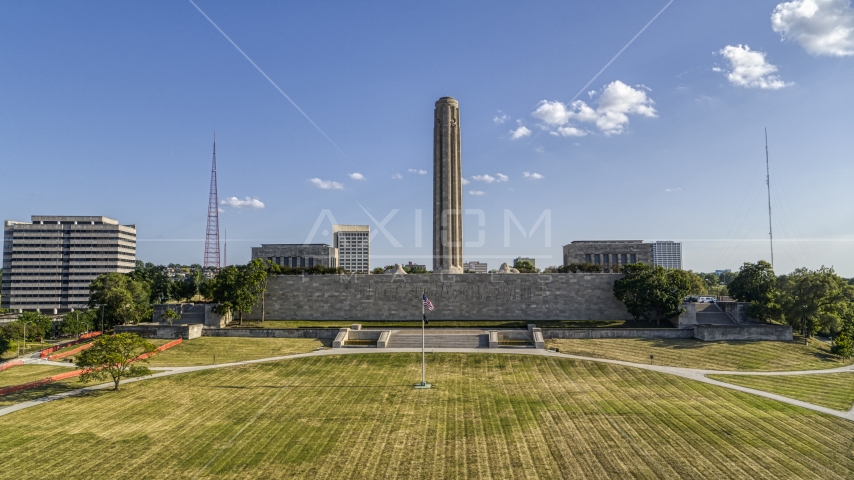 The WWI memorial and museum seen from a park in Kansas City, Missouri Aerial Stock Photo DXP001_050_0002 | Axiom Images