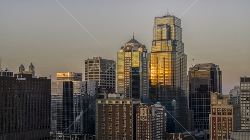 Light reflecting off of skyscrapers at sunset in Downtown Kansas City, Missouri Aerial Stock Photo DXP001_051_0002 | Axiom Images