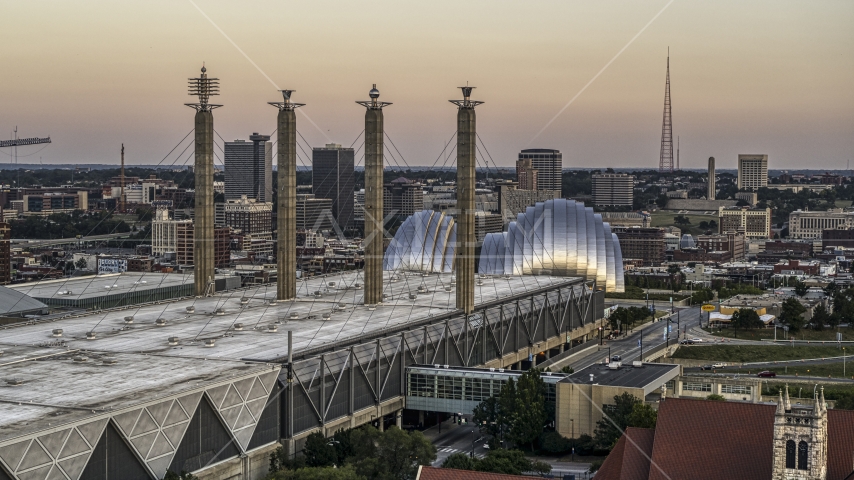 Top the convention center and concert hall at sunset in Downtown Kansas City, Missouri Aerial Stock Photo DXP001_051_0004 | Axiom Images