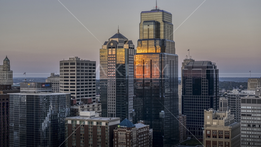 One Kansas City Place and neighboring skyscrapers at sunset in Downtown Kansas City, Missouri Aerial Stock Photo DXP001_051_0009 | Axiom Images
