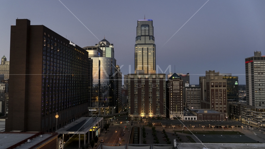 Skyscrapers seen from the Marriott Hotel at twilight in Downtown Kansas City, Missouri Aerial Stock Photo DXP001_051_0022 | Axiom Images