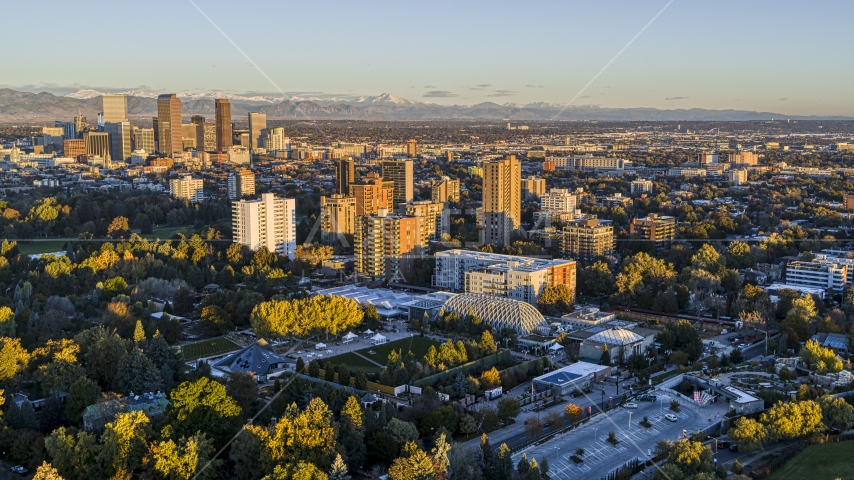A group of apartment buildings at sunrise in Denver, Colorado Aerial Stock Photo DXP001_052_0002 | Axiom Images