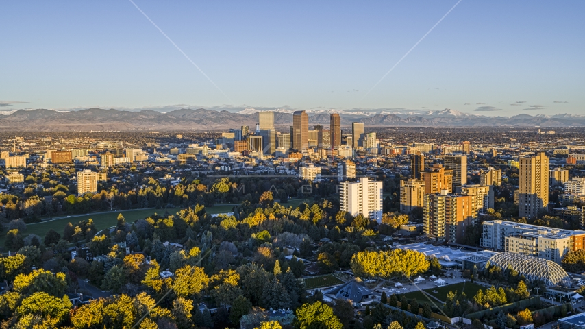 Skyscrapers at sunrise, seen from apartment buildings, Downtown Denver, Colorado Aerial Stock Photo DXP001_052_0003 | Axiom Images