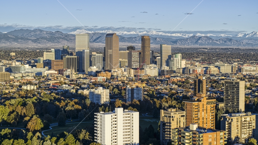 The city skyline of Downtown Denver, Colorado at sunrise Aerial Stock Photo DXP001_052_0005 | Axiom Images