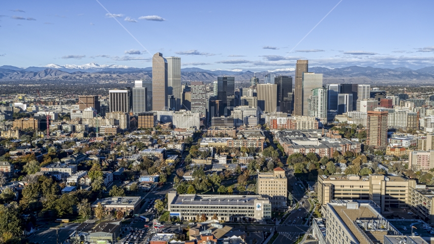 A view of skyscrapers in Downtown Denver, Colorado Aerial Stock Photo DXP001_052_0007 | Axiom Images