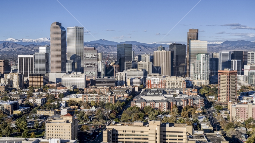 Skyscrapers of the city's skyline in Downtown Denver, Colorado Aerial Stock Photo DXP001_053_0001 | Axiom Images