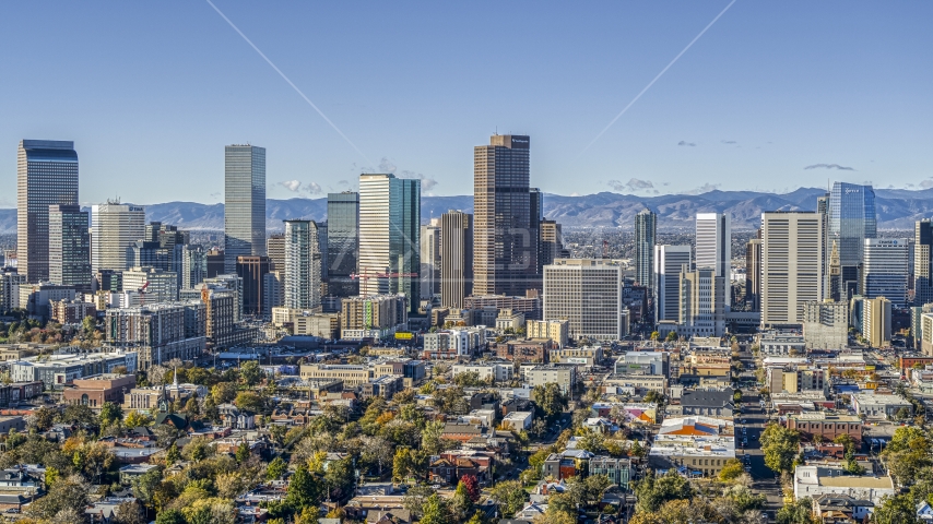 A view of the city's skyline in Downtown Denver, Colorado Aerial Stock Photo DXP001_053_0002 | Axiom Images
